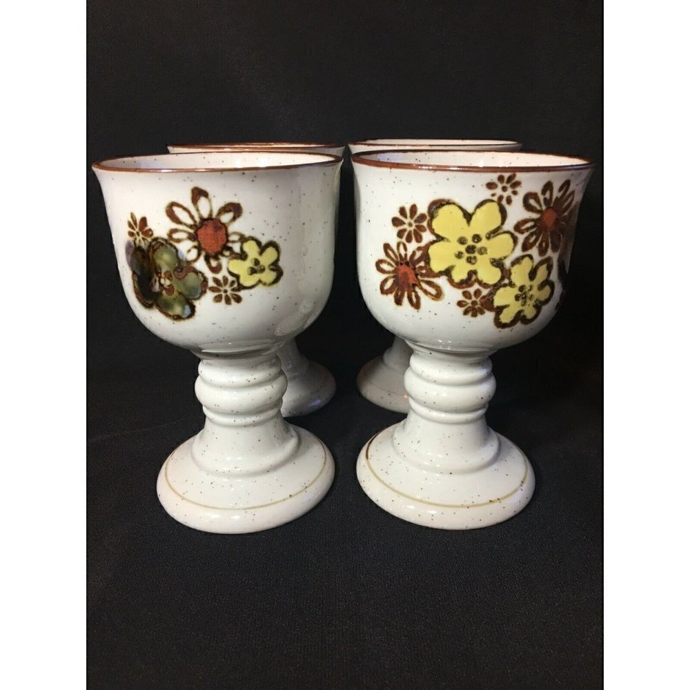 Otagiri 1970s Goblets & Carafe Set Wine Chalice Stoneware Pansy Floral Footed - Picture 9 of 12